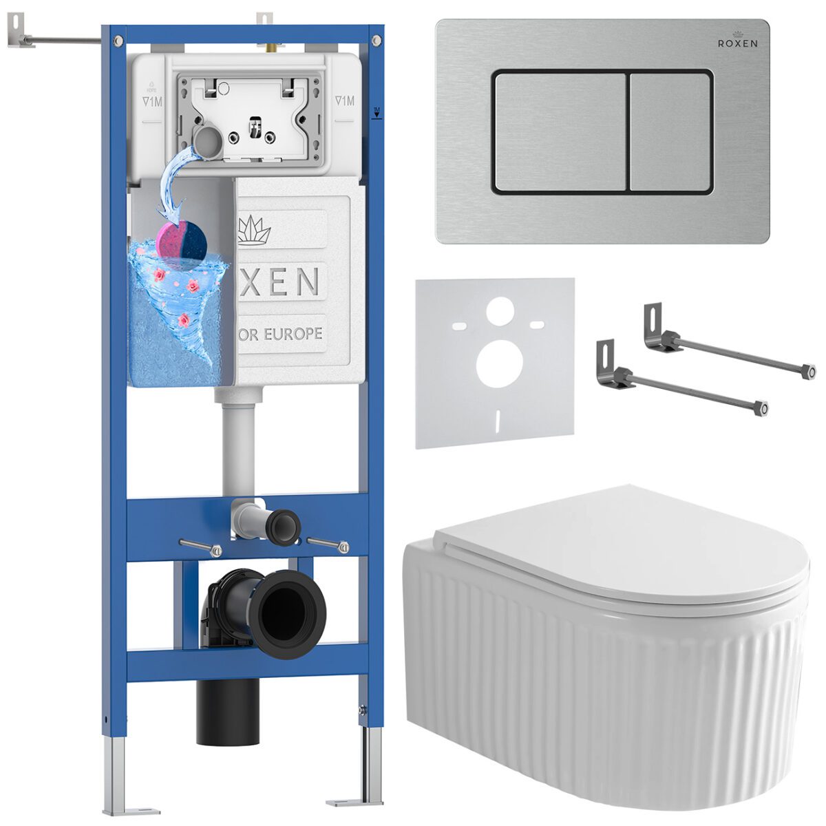 Комплект инсталляции Roxen StounFix Dual Fresh с унитазом Royal Matt и кнопкой Steel (сатин/матовая), 968301