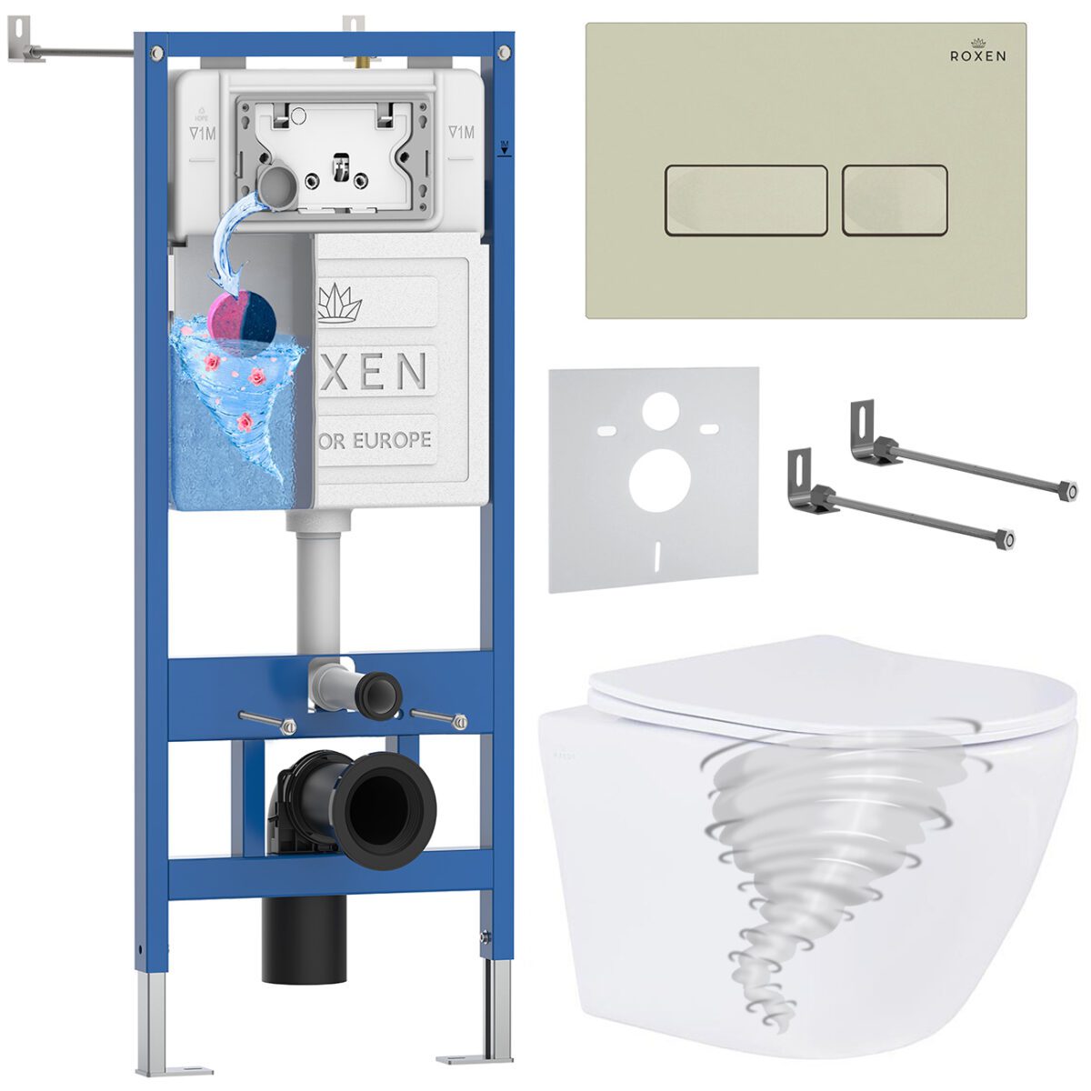 Комплект инсталляции Roxen StounFix Dual Fresh с унитазом Antares Tornado и кнопкой Caspia (пастель бежевая/матовая), 968326