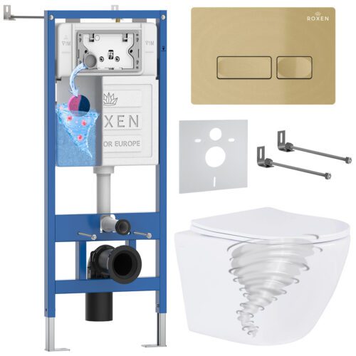 Комплект инсталляции Roxen StounFix Dual Fresh с унитазом Antares Tornado и кнопкой Caspia (золото/матовая), 968332