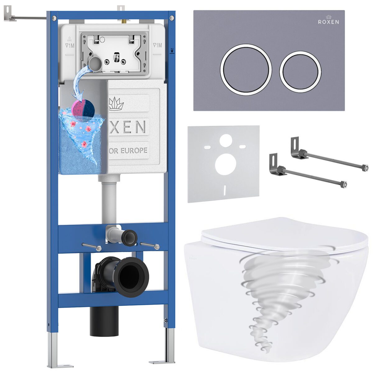 Комплект инсталляции Roxen StounFix Dual Fresh с унитазом Antares Tornado и кнопкой Santi (серый бетон/матовая), 968349