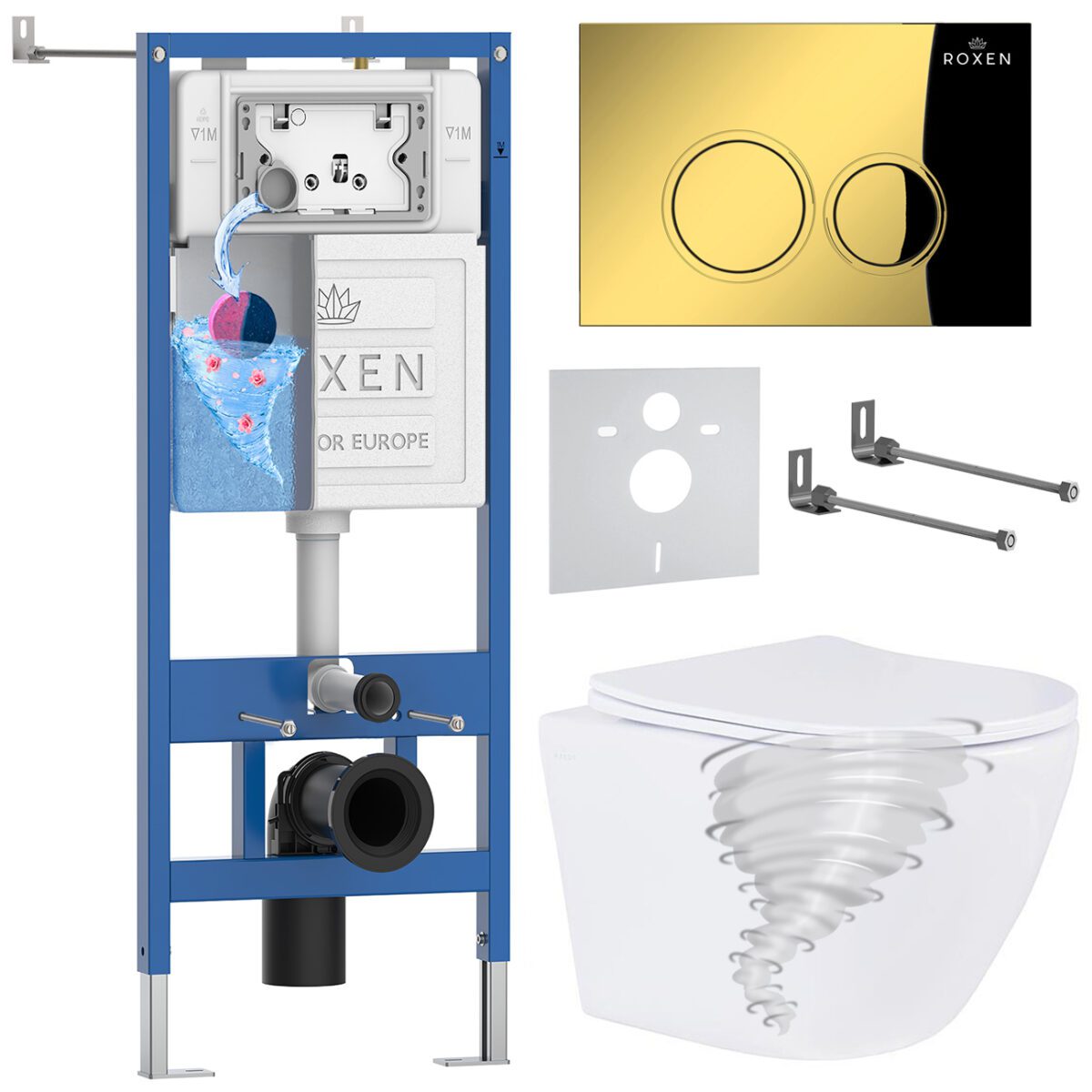 Комплект инсталляции Roxen StounFix Dual Fresh с унитазом Antares Tornado и кнопкой Santi (золото/глянцевая), 968356