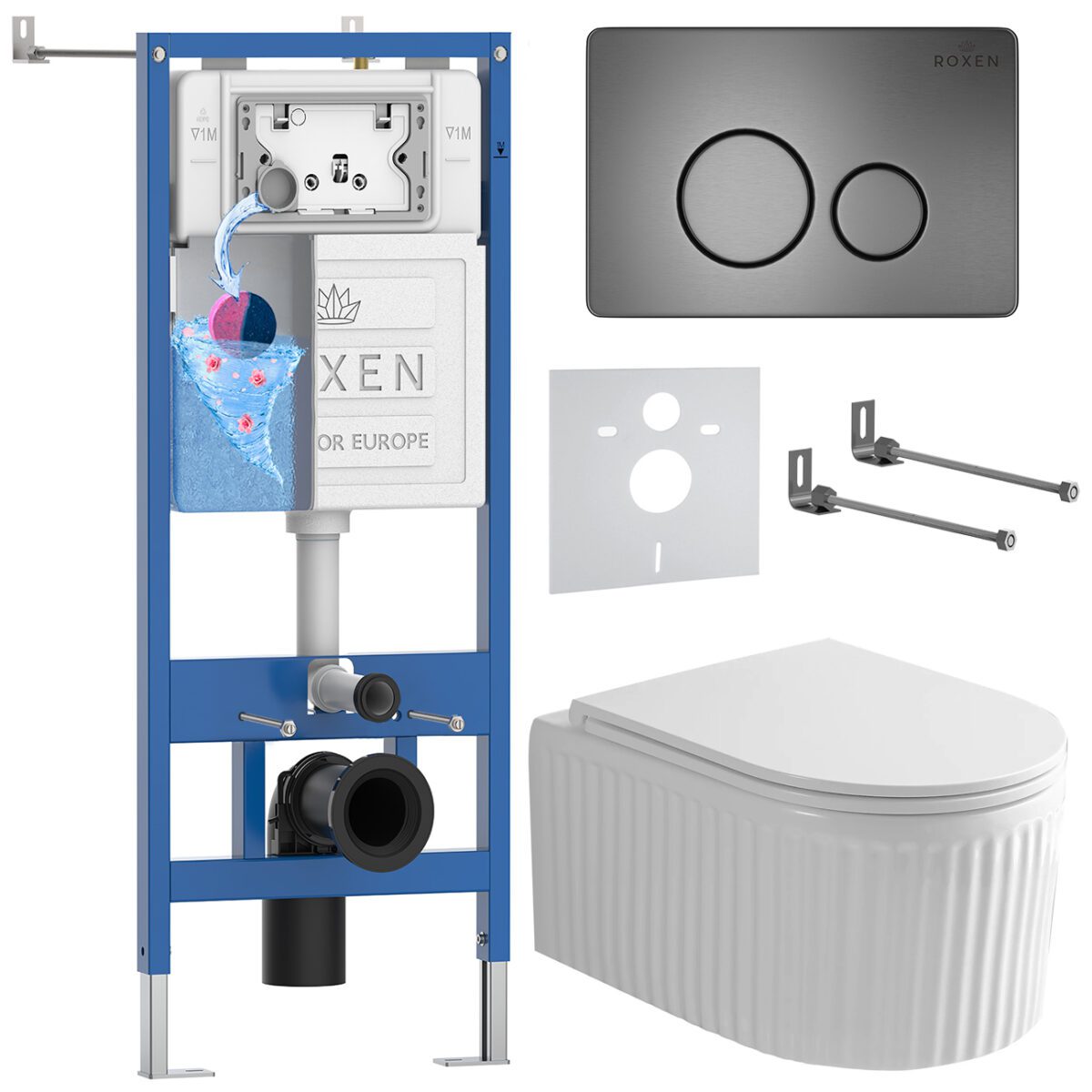 Комплект инсталляции Roxen StounFix Dual Fresh с унитазом Antares Tornado и кнопкой Steel (оружейная сталь), 968390