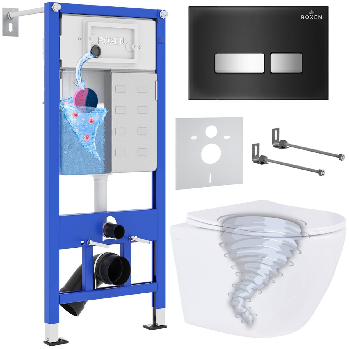 Комплект инсталляции Roxen StounFix Dual Fresh с унитазом Antares Tornado и кнопкой Glass (чёрная/глянец), 968397
