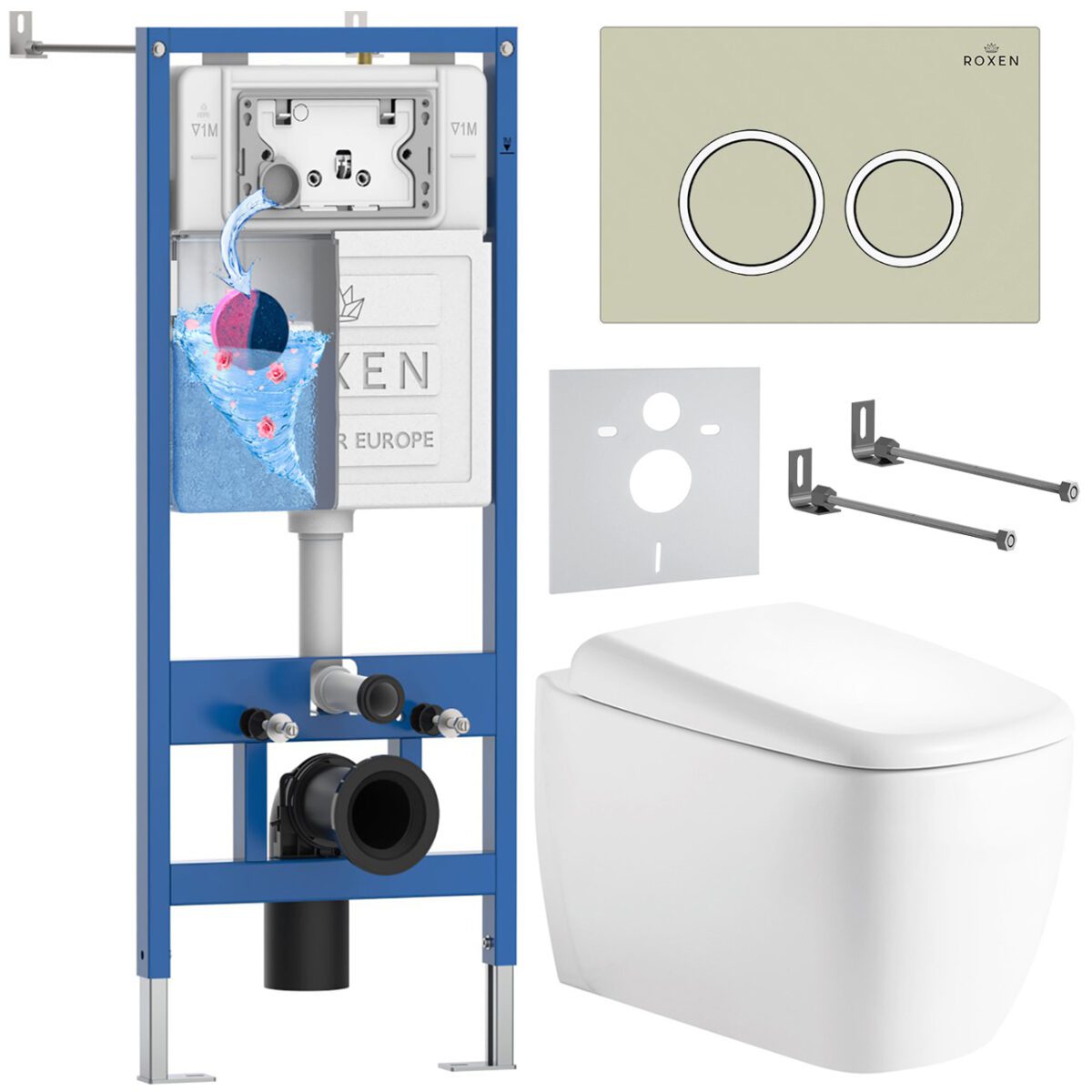 Комплект инсталляции Roxen StounFix Dual Fresh с унитазом Martin и кнопкой Santi (пастель бежевая/матовая), 968511