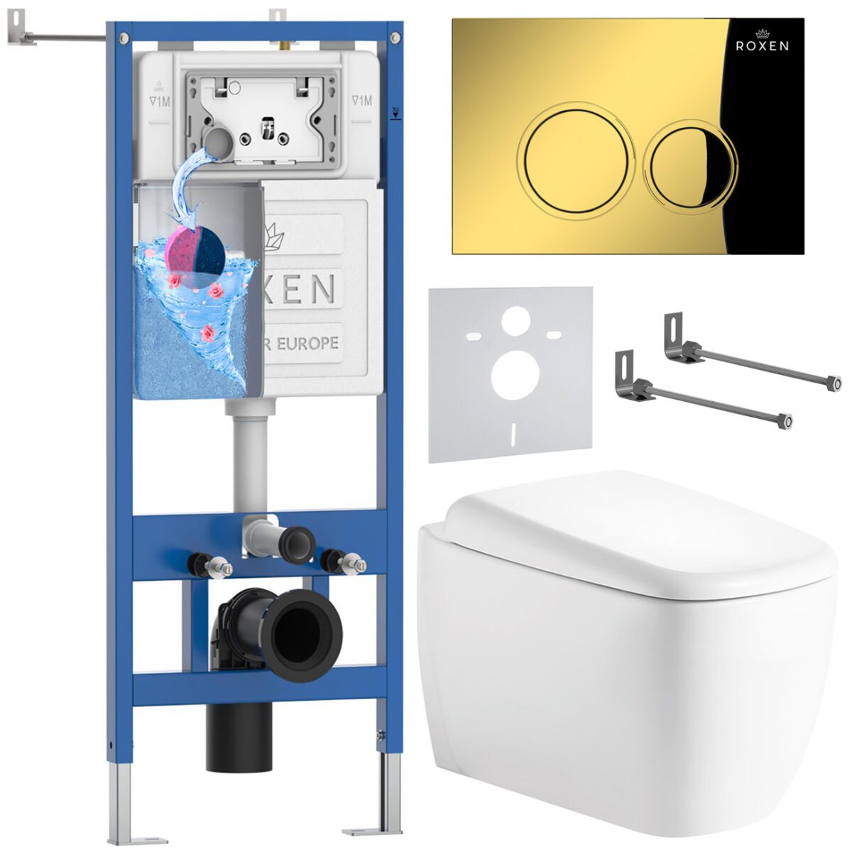 Комплект инсталляции Roxen StounFix Dual Fresh с унитазом Martin и кнопкой Santi (золото/глянец), 968513
