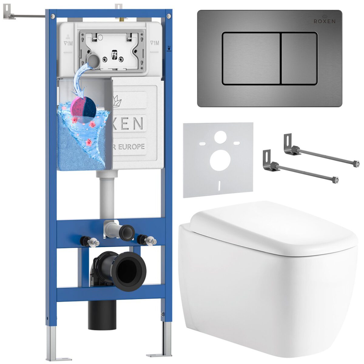 Комплект инсталляции Roxen StounFix Dual Fresh с унитазом Martin и кнопкой Steel (оружейная сталь), 968521