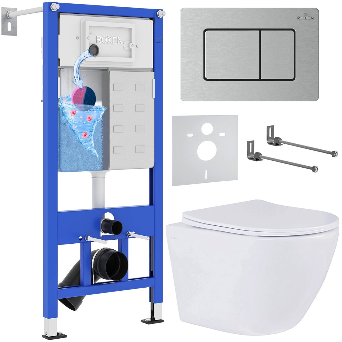 Комплект инсталляции Roxen StounFix Dual Fresh с унитазом Antares и кнопкой Steel (сатин/матовая), 968418