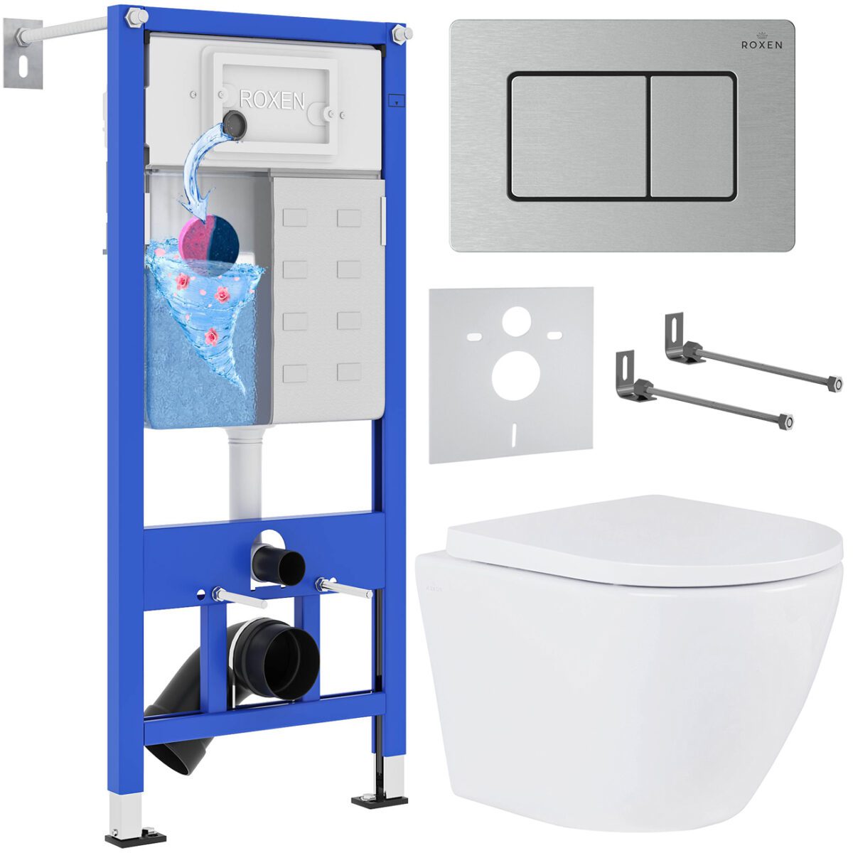 Комплект инсталляции Roxen StounFix Dual Fresh с унитазом Antares Tornado и кнопкой Steel (сатин/матовая), 968421