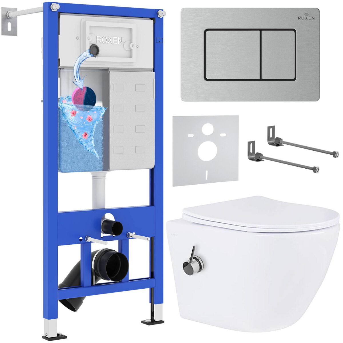 Комплект инсталляции Roxen StounFix Dual Fresh с унитазом Antares Bidet и кнопкой Steel (сатин/матовая), 968424