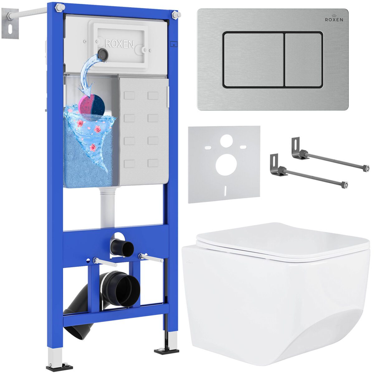 Комплект инсталляции Roxen StounFix Dual Fresh с унитазом Boro и кнопкой Steel (сатин/матовая), 968433