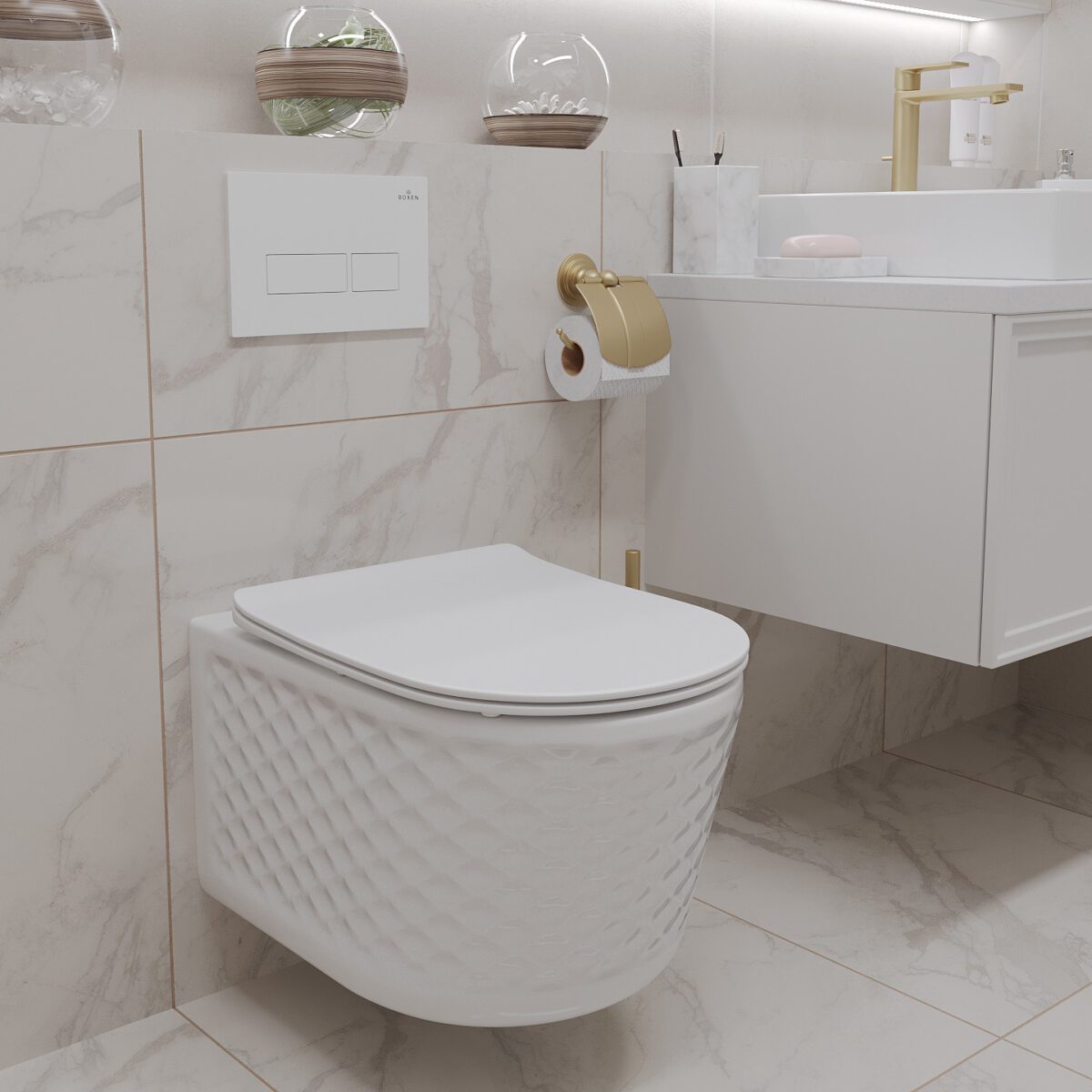 Комплект инсталляции Roxen StounFix Dual Fresh с унитазом Vine и кнопкой Caspia (пастель бежевая/матовая), 979004 — изображение 5