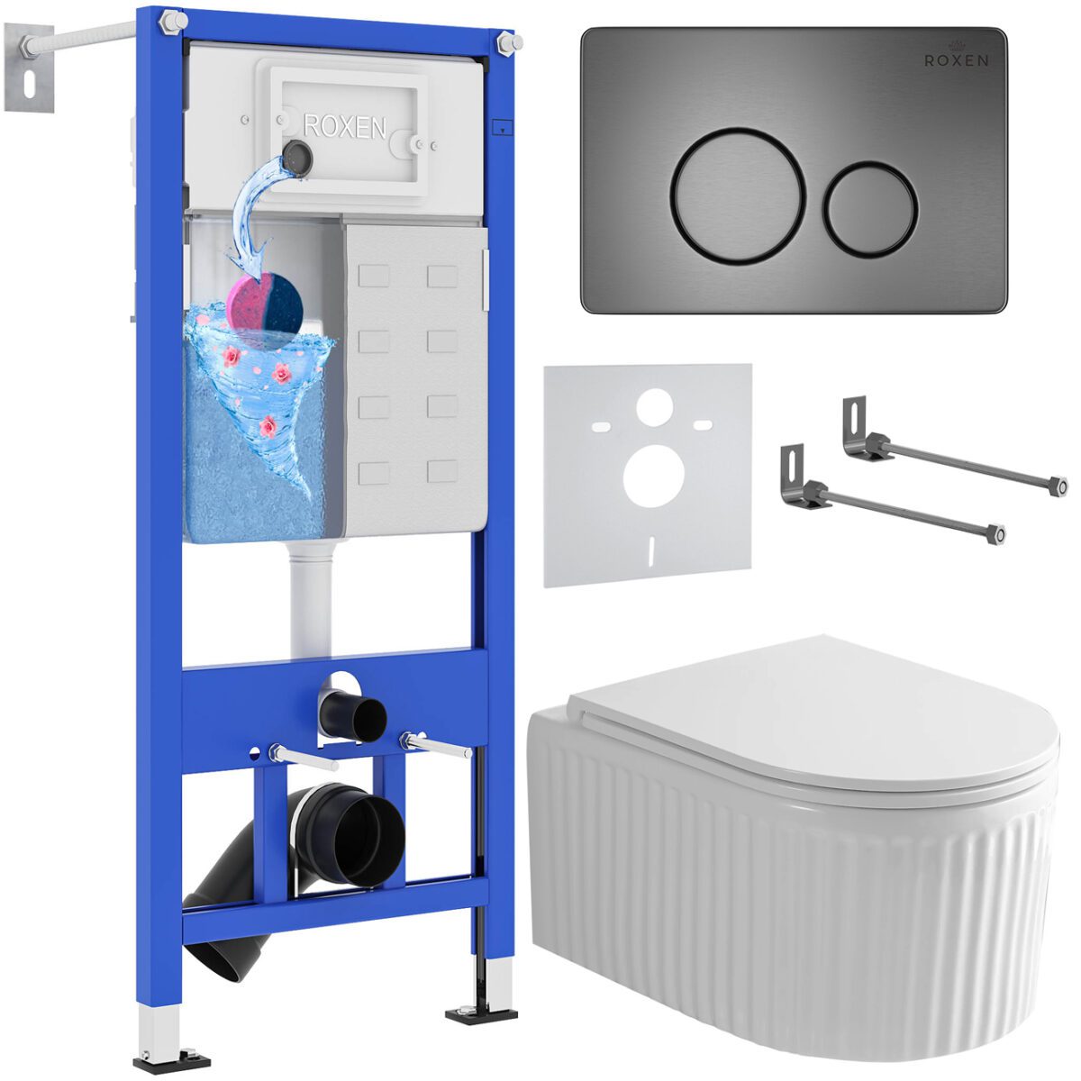 Комплект инсталляции Roxen StounFix Dual Fresh с унитазом Royal Matt и кнопкой Steel (оружейная сталь), 968283