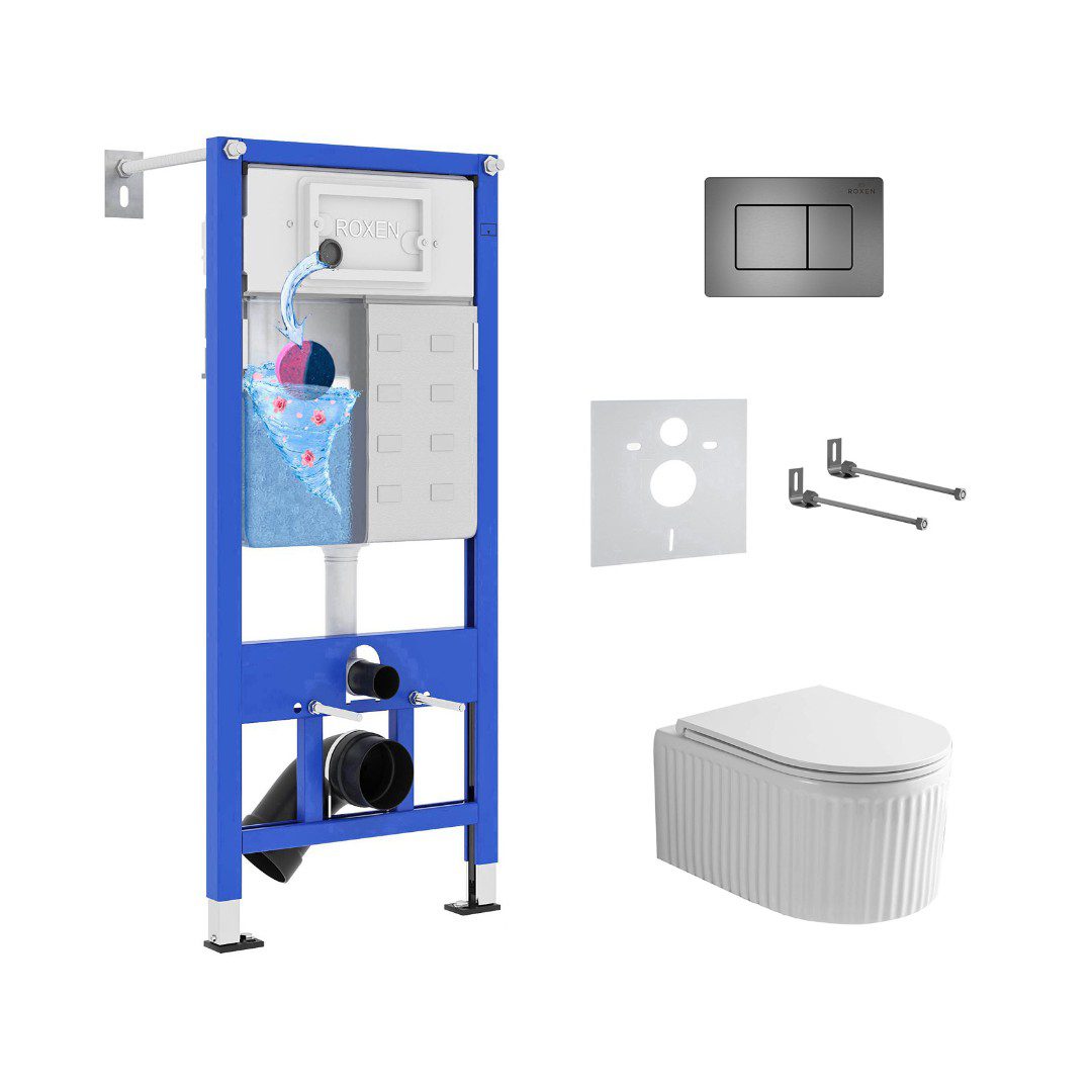 Комплект инсталляции Roxen StounFix Dual Fresh с унитазом Royal Matt и кнопкой Steel (оружейная сталь), 968290