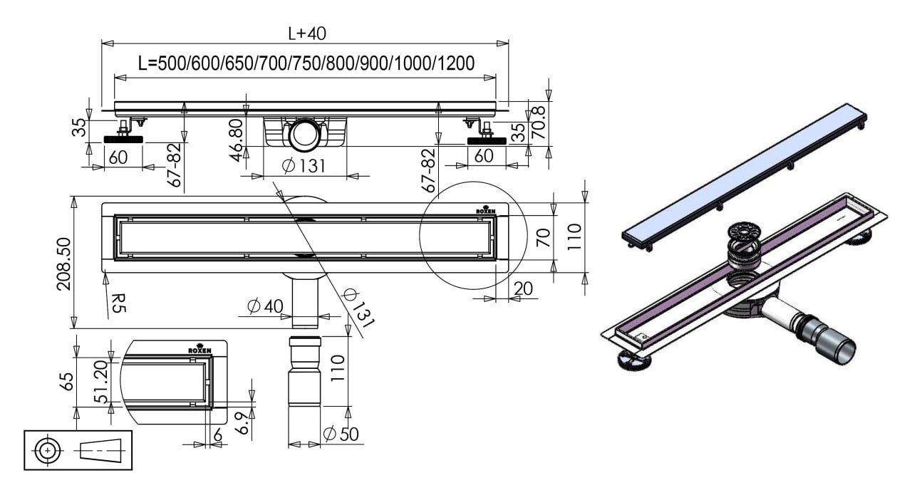 Трап для душа Roxen Supra Gun metal 91050-60GM линейный, "под плитку", 60 см — изображение 2