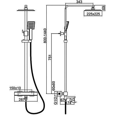 Душевая система с термостатическим смесителем с изливом и тропическим душем, Ledeme L2424, схема