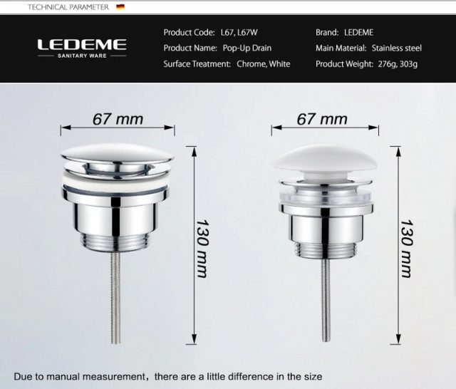 Донный клапан для умывальника Ledeme L67, размеры