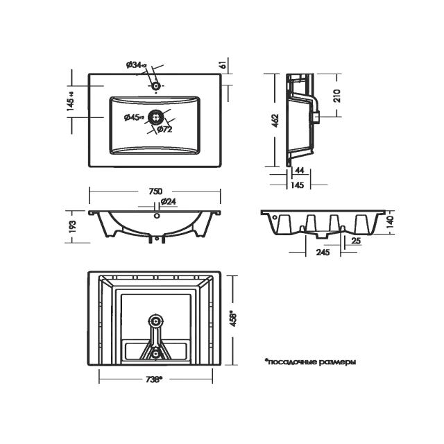 Умывальник SANITA LUXE Quadro 75 мебельный/встраиваемый, 75*46 см, WB.FN/Quadro/75-C/WHT.G/S1 — изображение 2