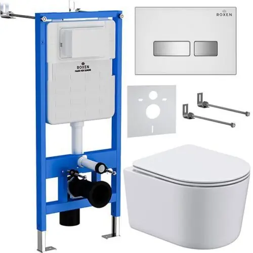 Комплект инсталляции Roxen StounFix Dual Fresh с унитазом Simple Compact и кнопкой Glass (белая), 964407