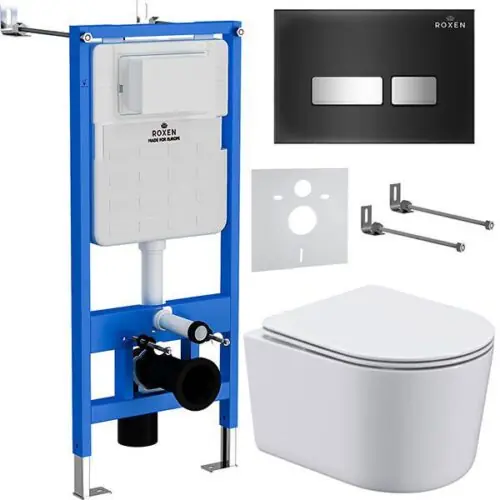 Комплект инсталляции Roxen StounFix Dual Fresh с унитазом Simple Compact и кнопкой Glass (чёрная), 965318