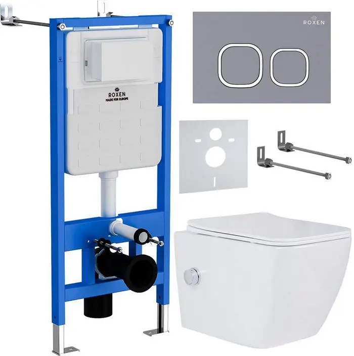Комплект инсталляции Roxen StounFix Dual Fresh с унитазом Cube Bidet и кнопкой Santi (серый бетон/матовая), 966426