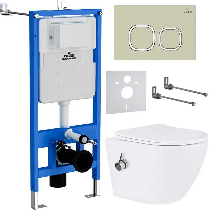 Комплект инсталляции Roxen StounFix Dual Fresh с унитазом Antares Bidet и кнопкой Santi (пастель бежевая/матовая), 966617