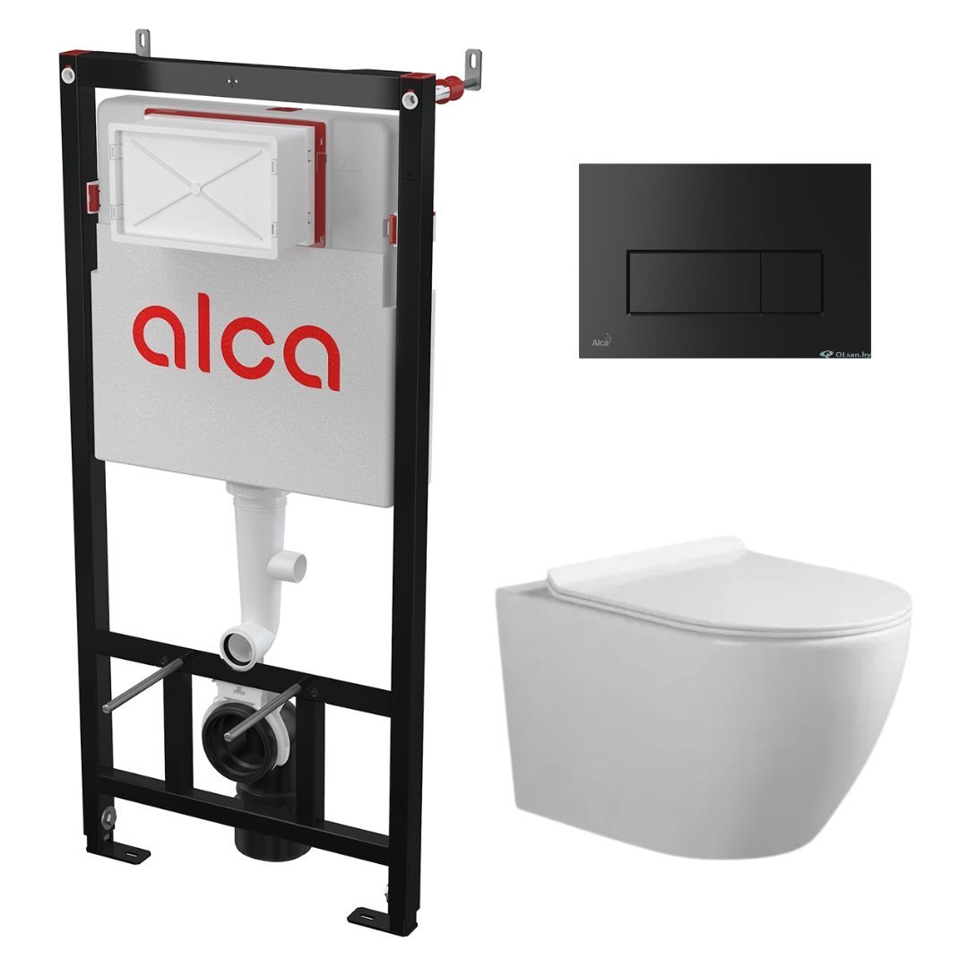 Комплект инсталляции Alca AM101/1120 Sádromodul с унитазом CeruttiSPA CLIO Aria Tornado и кнопкой Alca M578 (чёрный), CT10582+сет(AM101/1120+M578)