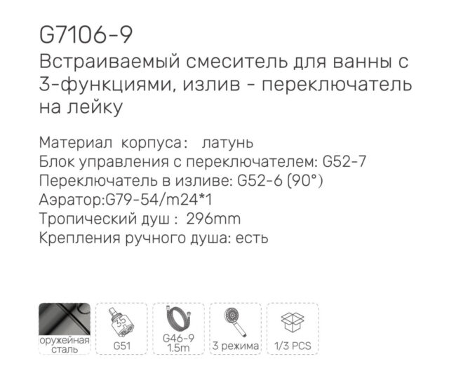 Душевая система скрытого монтажа Gappo G7106-9, оружейная сталь — изображение 3