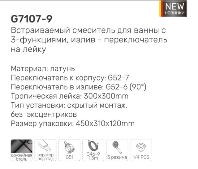 Душевая система скрытого монтажа Gappo G7107-9, оружейная сталь — изображение 3