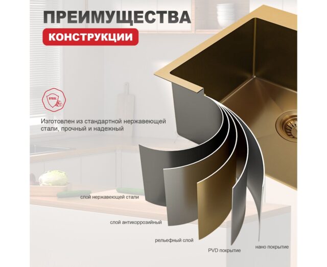 Кухонная мойка Raglo R701.6050.03, золотой сатин — изображение 8