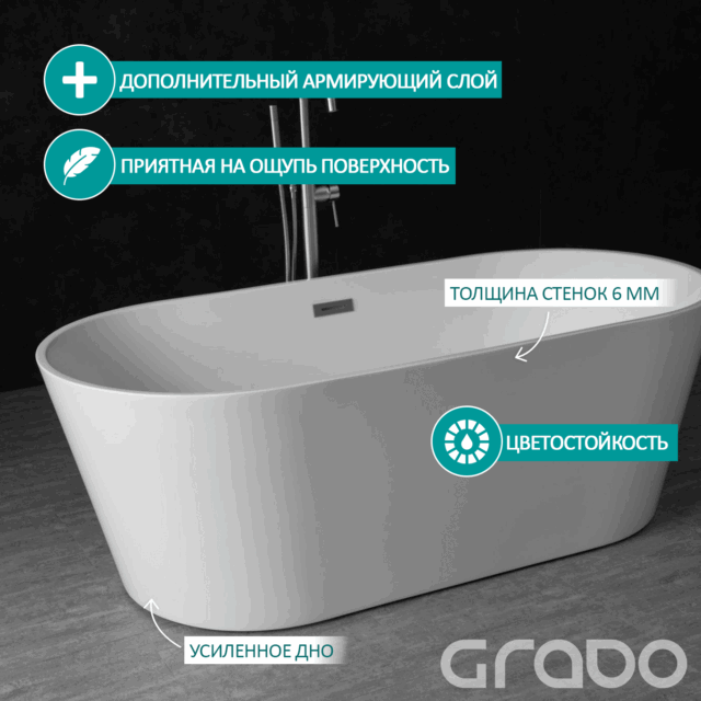 Ванна акриловая отдельностоящая GRADO GD-8201-150 — изображение 3