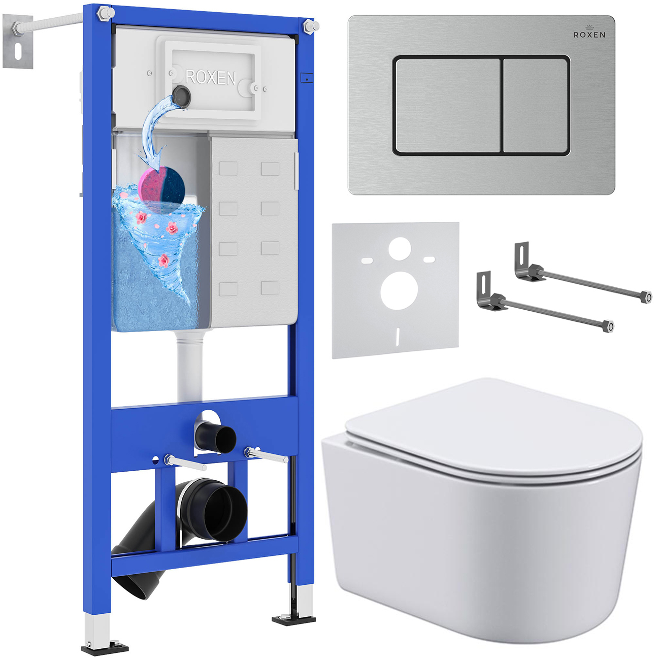 Комплект инсталляции Roxen StounFix Dual Fresh с унитазом Simple Compact и кнопкой Steel (сатин/матовая), 968486