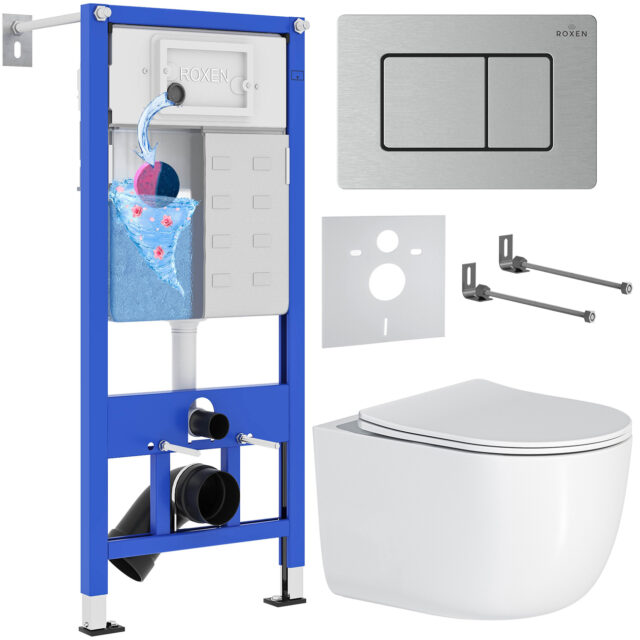 Комплект инсталляции Roxen StounFix Dual Fresh с унитазом Vortex и кнопкой Steel (сатин/матовая), 968489