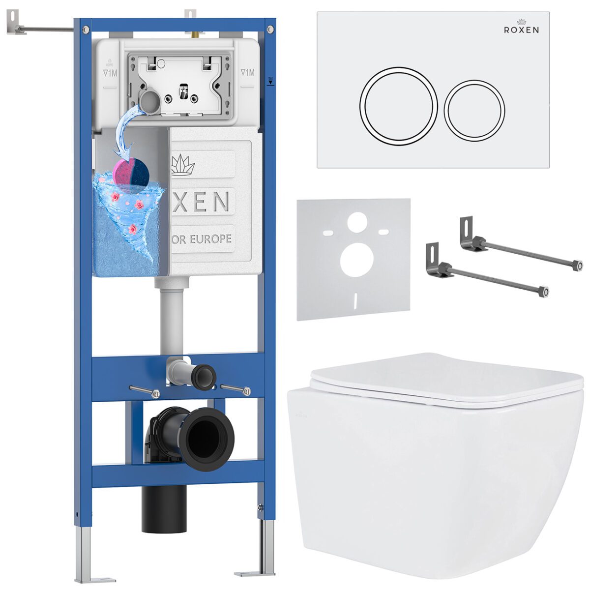 Комплект инсталляции Roxen StounFix Dual Fresh с унитазом Cube и кнопкой Santi (белая/глянец), 503394