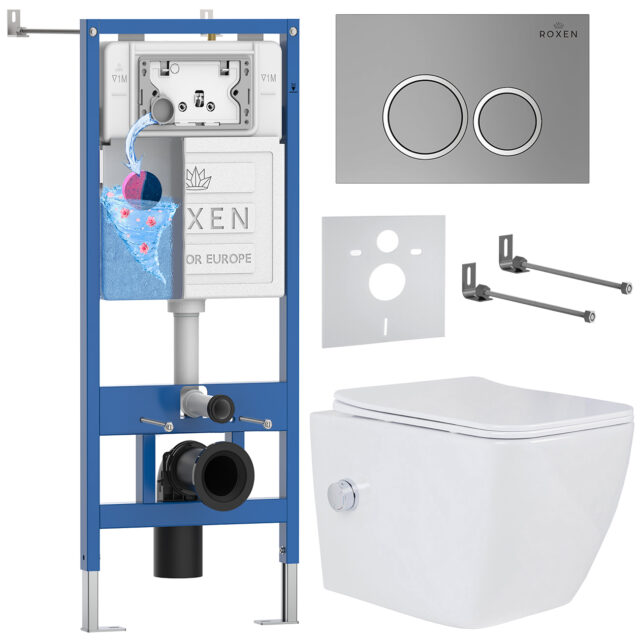 Комплект инсталляции Roxen StounFix Dual Fresh с унитазом Cube Bidet и кнопкой Santi (хром/матовая), 533185