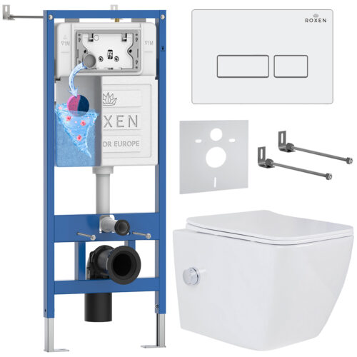 Комплект инсталляции Roxen StounFix Dual Fresh с унитазом Cube Bidet и кнопкой Caspia (белая), 577477