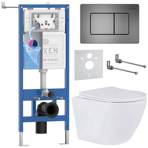 Комплект инсталляции Roxen StounFix Dual Fresh с унитазом Antares и кнопкой Steel (оружейная сталь), 613423
