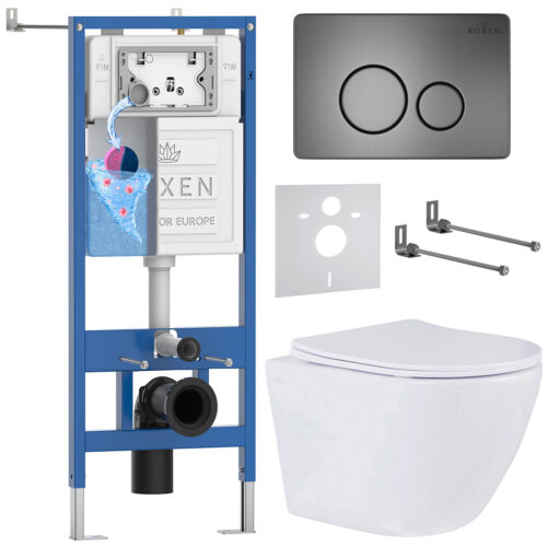Комплект инсталляции Roxen StounFix Dual Fresh с унитазом Antares и кнопкой Steel (оружейная сталь), 624013
