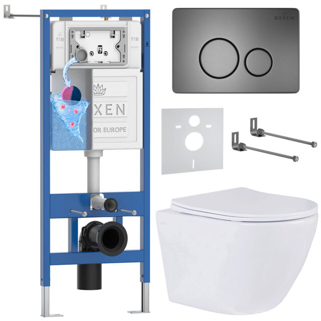 Комплект инсталляции Roxen StounFix Dual Fresh с унитазом Antares и кнопкой Steel (оружейная сталь), 624013