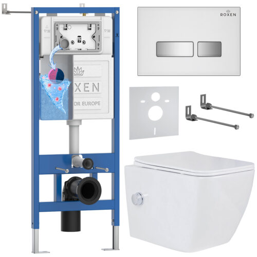 Комплект инсталляции Roxen StounFix Dual Fresh с унитазом Cube Bidet и кнопкой Glass (белая), 640526