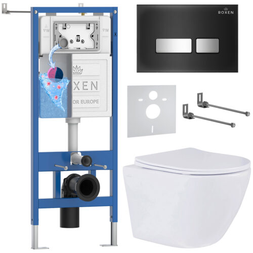 Комплект инсталляции Roxen StounFix Dual Fresh с унитазом Antares и кнопкой Glass (чёрная/глянец), 642915
