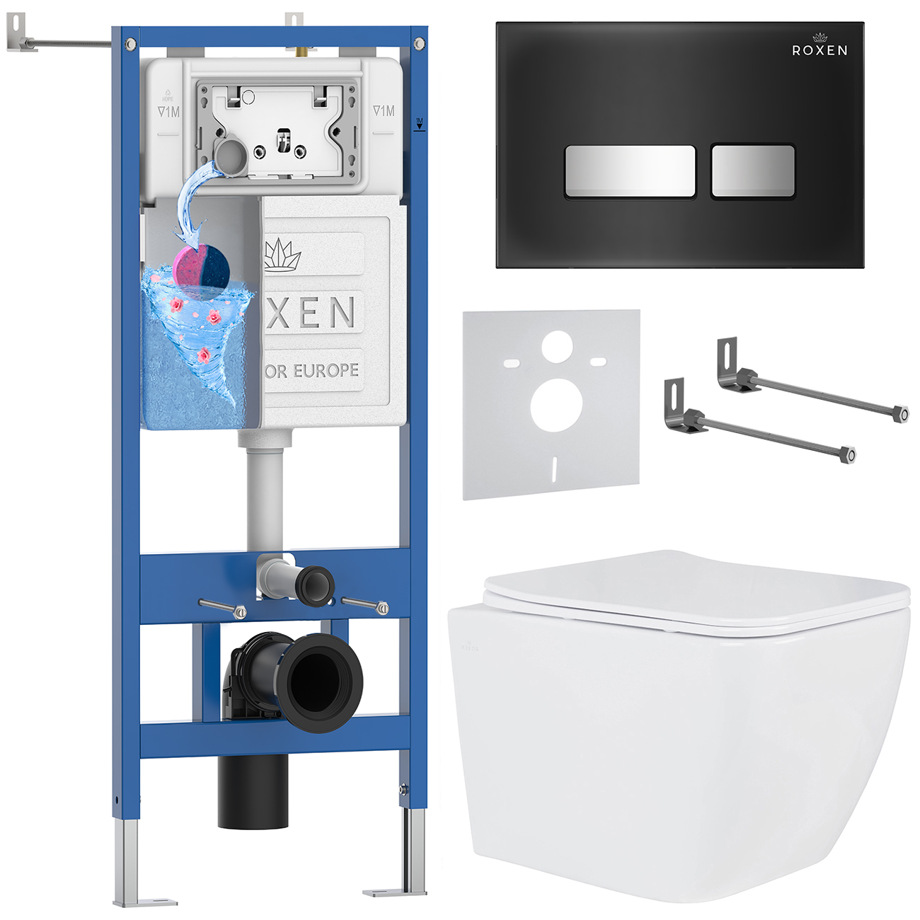 Комплект инсталляции Roxen StounFix Dual Fresh с унитазом Cube и кнопкой Glass (чёрная/глянец), 646038