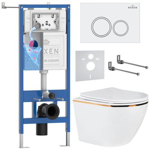 Комплект инсталляции Roxen StounFix Dual Fresh с унитазом Antares Gold и кнопкой Santi (белая), 728092