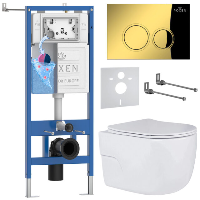 Комплект инсталляции Roxen StounFix Dual Fresh с унитазом Porto и кнопкой Santi (золото/глянец), 968015