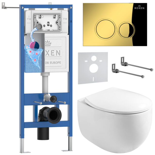 Комплект инсталляции Roxen StounFix Dual Fresh с унитазом Egg и кнопкой Steel (сатин/матовая), 968442