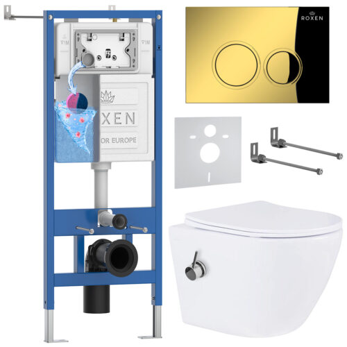 Комплект инсталляции Roxen StounFix Dual Fresh с унитазом Antares Bidet и кнопкой Santi (золото/глянец), 968097