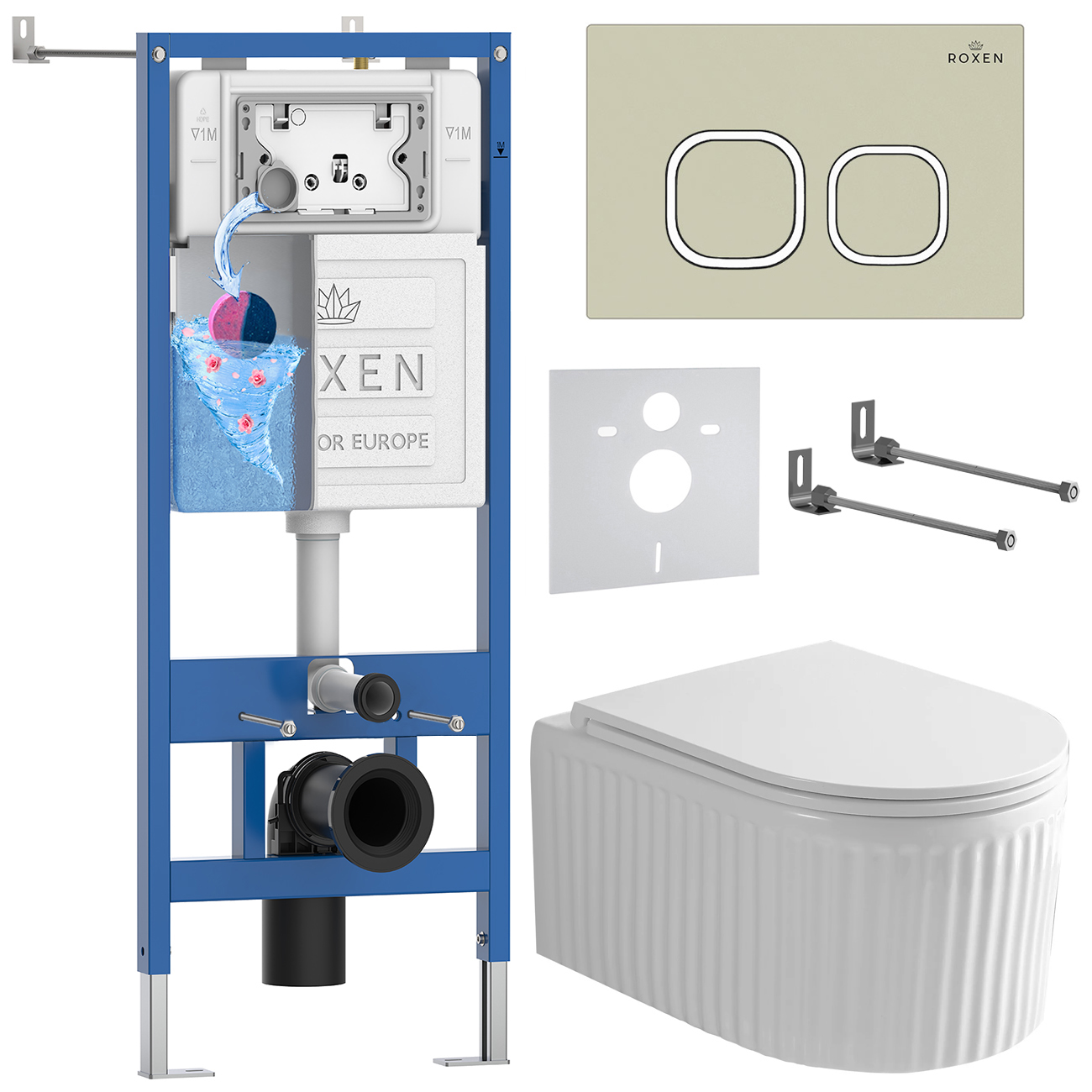 Комплект инсталляции Roxen StounFix Dual Fresh с унитазом Royal Matt и кнопкой Santi (пастель бежевая/матовая), 968277