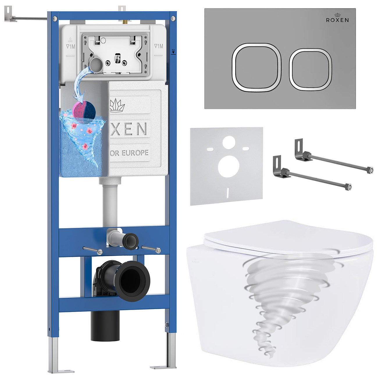 Комплект инсталляции Roxen StounFix Dual Fresh с унитазом Antares Tornado и кнопкой Santi (хром/матовая), 968387