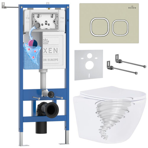 Комплект инсталляции Roxen StounFix Dual Fresh с унитазом Antares Tornado и кнопкой Santi (пастель бежевая/матовая), 968388