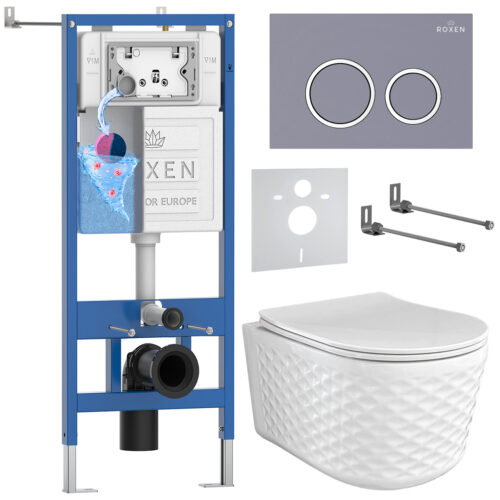 Комплект инсталляции Roxen StounFix Dual Fresh с унитазом Vine и кнопкой Santi (серый бетон/матовая), 979012