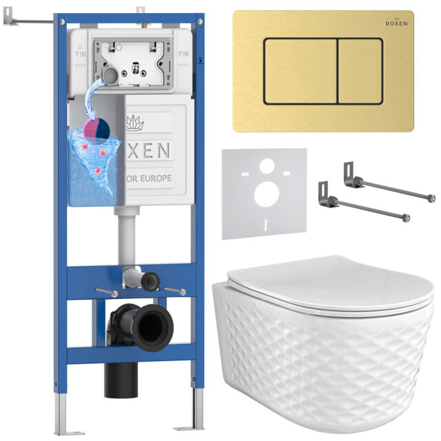 Комплект инсталляции Roxen StounFix Dual Fresh с унитазом Vine и кнопкой Steel (золото/матовая), 979022